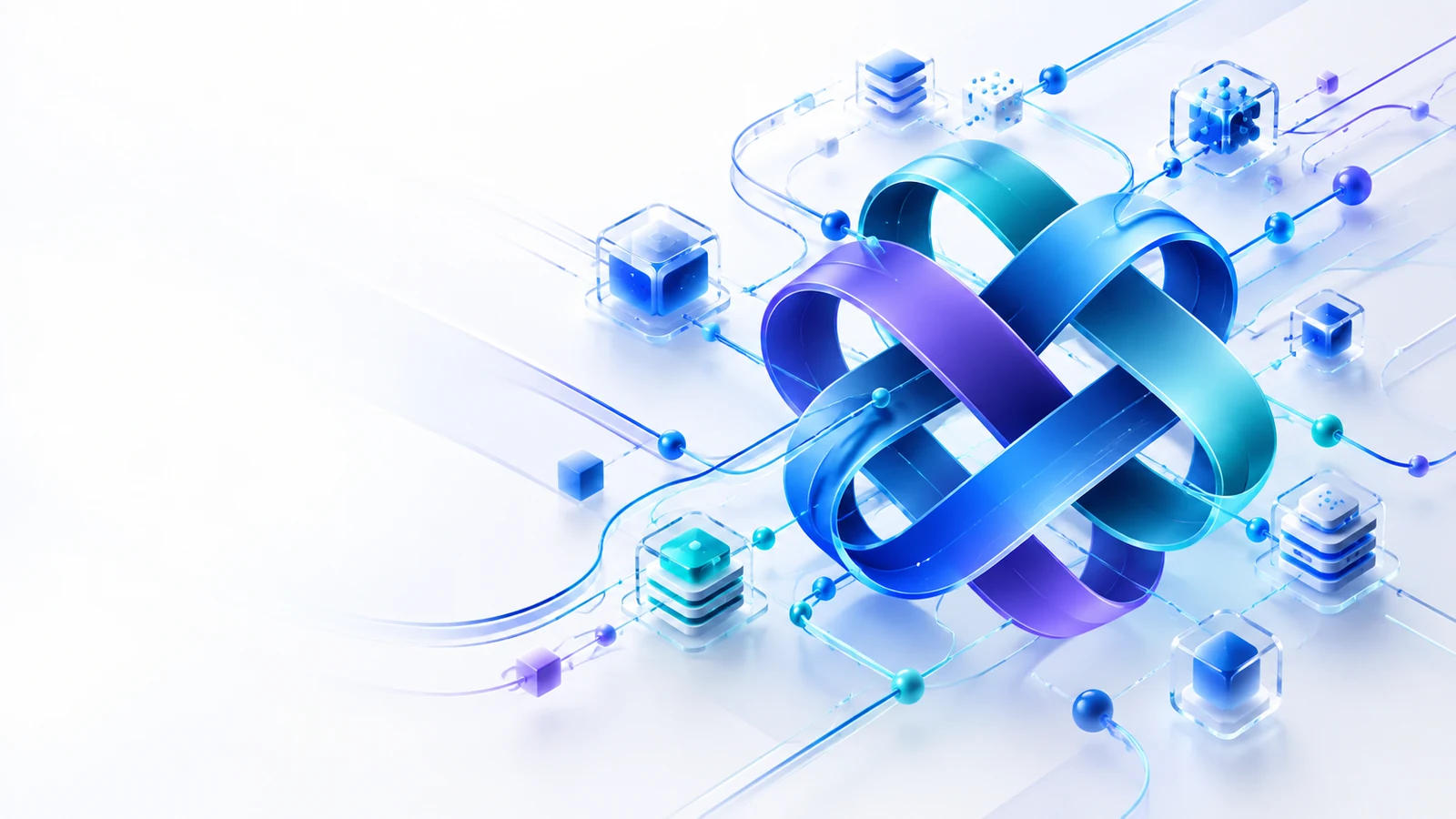 Abstract interwoven AI system connecting models, memory, data and tools